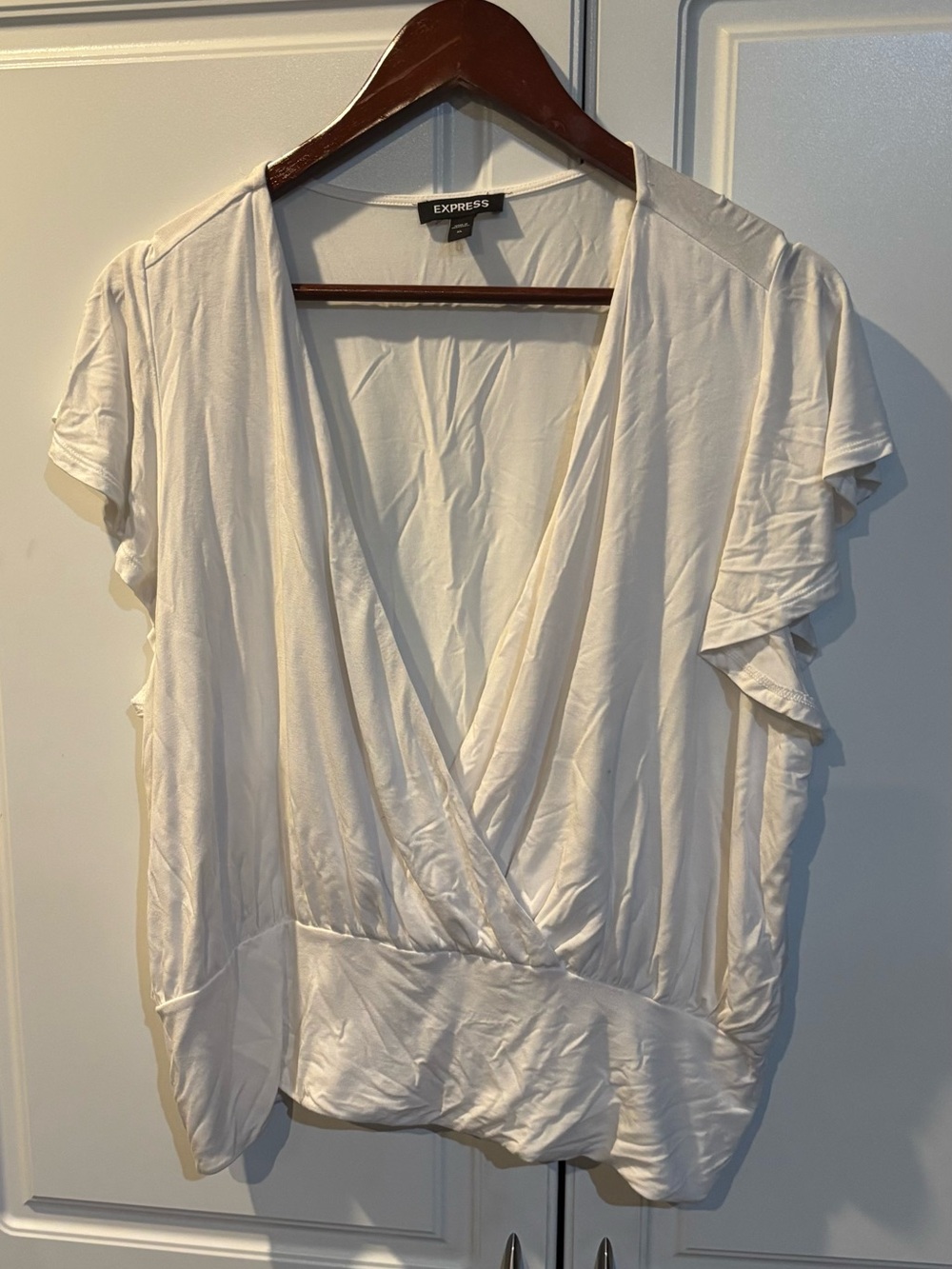 Express Cream Surplice Draped Short Sleeve Blouse